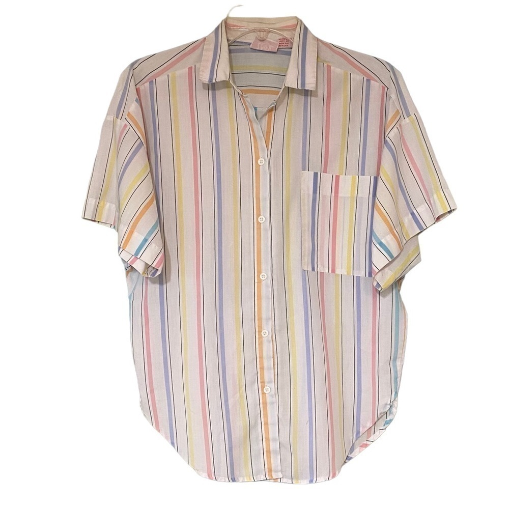 Vintage Striped Short Sleeve Button Down Top Sz Medium